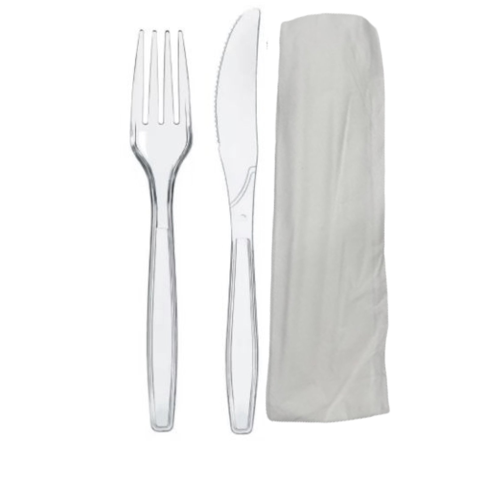 Kit couverts plastique ''cristal réutilisable'' 3/1 couteau + fourchette + serviette E&C