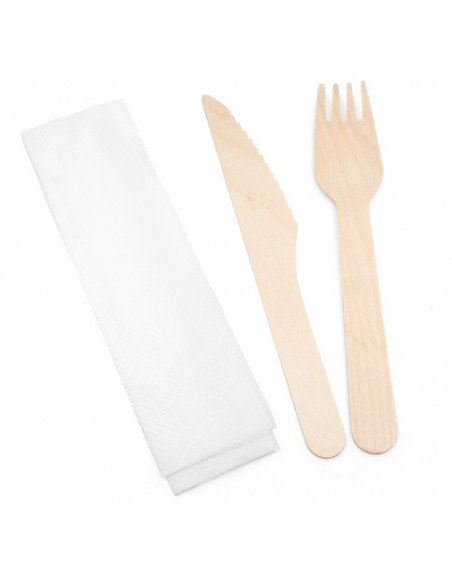 Kit couvert en bois 3en1 Fourchette + Couteau + Serviette E&C