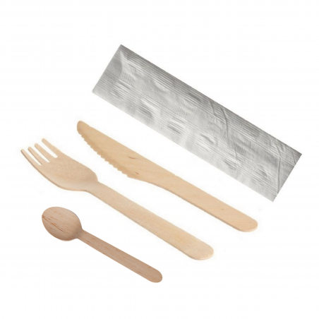 Kit couvert en bois 4en1 Fourchette + Couteau + Cuillère + Serviette  E&C